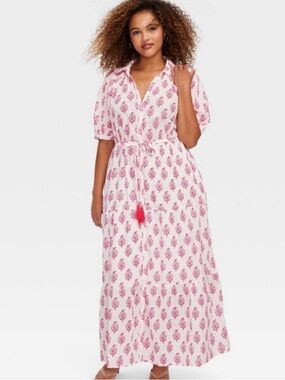 NWT Roller Rabbit x Target Pink Floral Button-Front Tie-Waist Maxi Dress